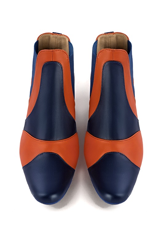 Navy blue and clementine orange women's ankle boots, with elastics. Round toe. Low flare heels. Top view - Florence KOOIJMAN